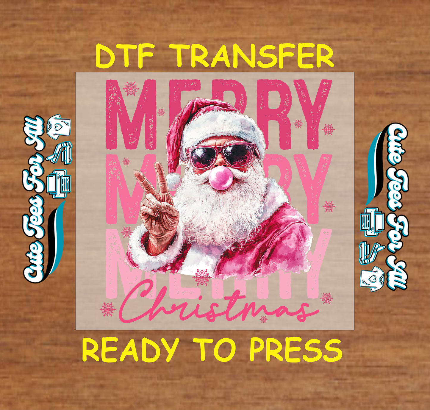 pink merry christmas santa bubblegum peace sign ready to press dtf transfer iron on heat transfer diy shirts