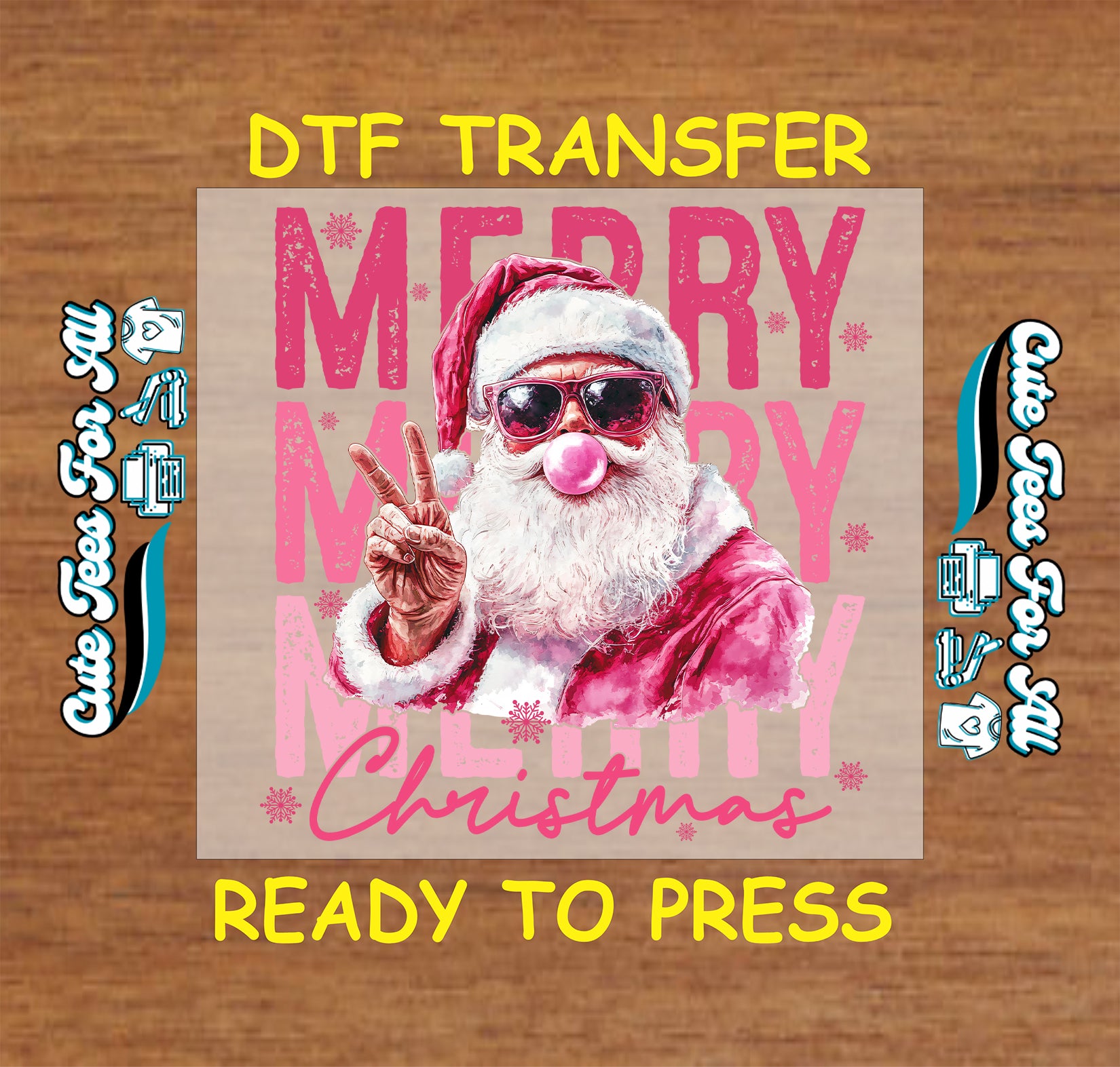 pink merry christmas santa bubblegum peace sign ready to press dtf transfer iron on heat transfer diy shirts