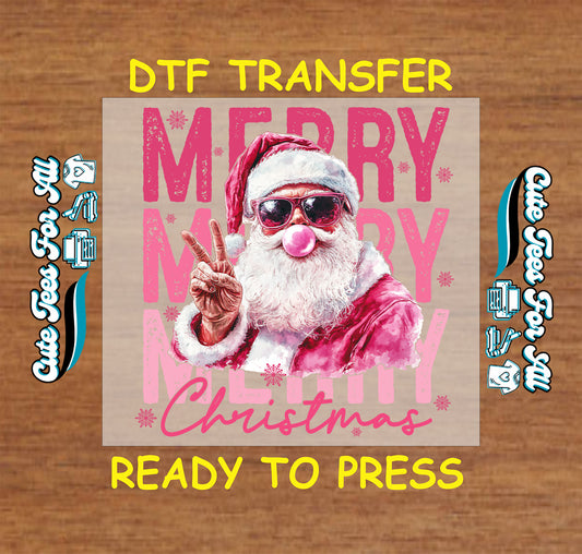 pink merry christmas santa bubblegum peace sign ready to press dtf transfer iron on heat transfer diy shirts