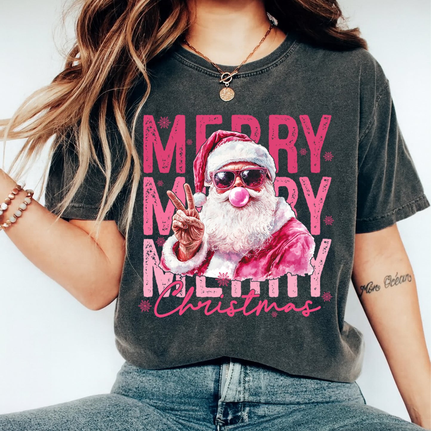 Pink Merry Christmas Santa DTF Transfer – Ready to Press Iron On Heat Transfer for DIY Shirts 11961