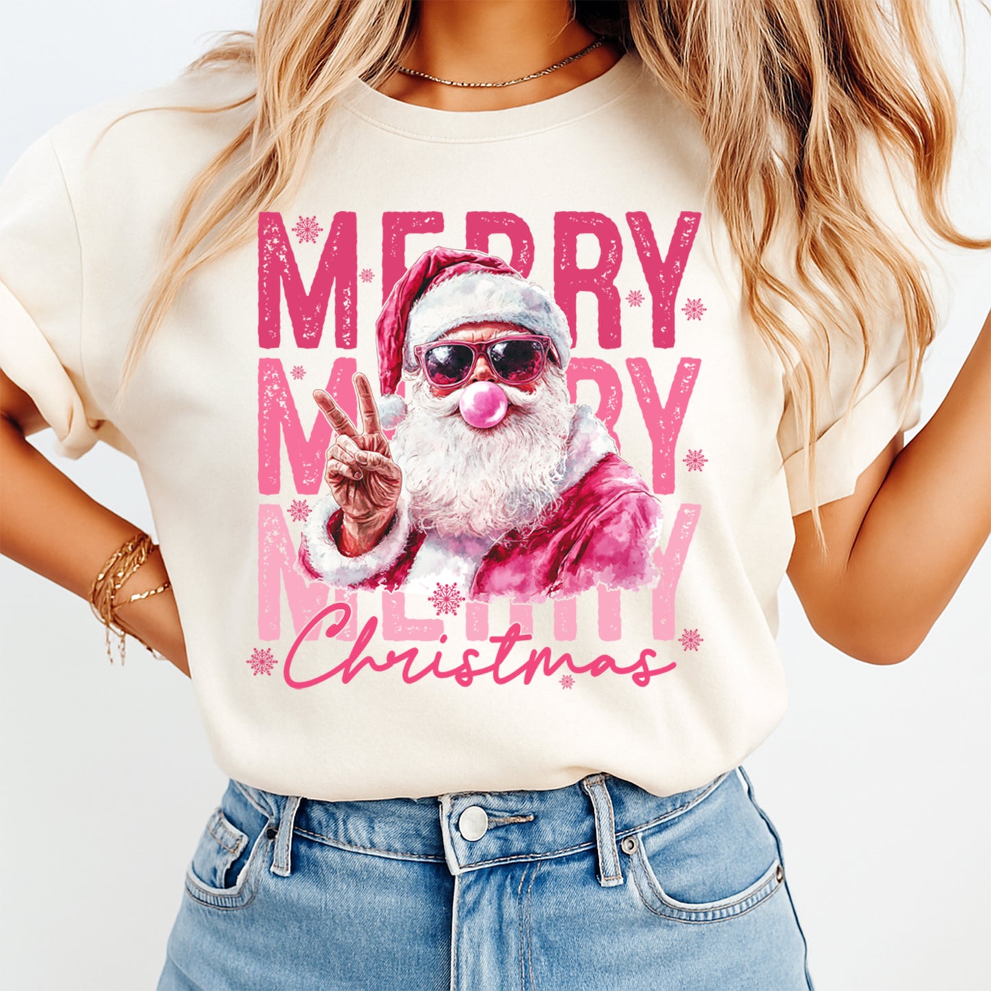Pink Merry Christmas Santa DTF Transfer – Ready to Press Iron On Heat Transfer for DIY Shirts 11961