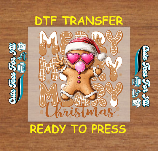 gingerbread merry christmas bubblegum ready to press dtf transfer iron on heat transfer diy shirts