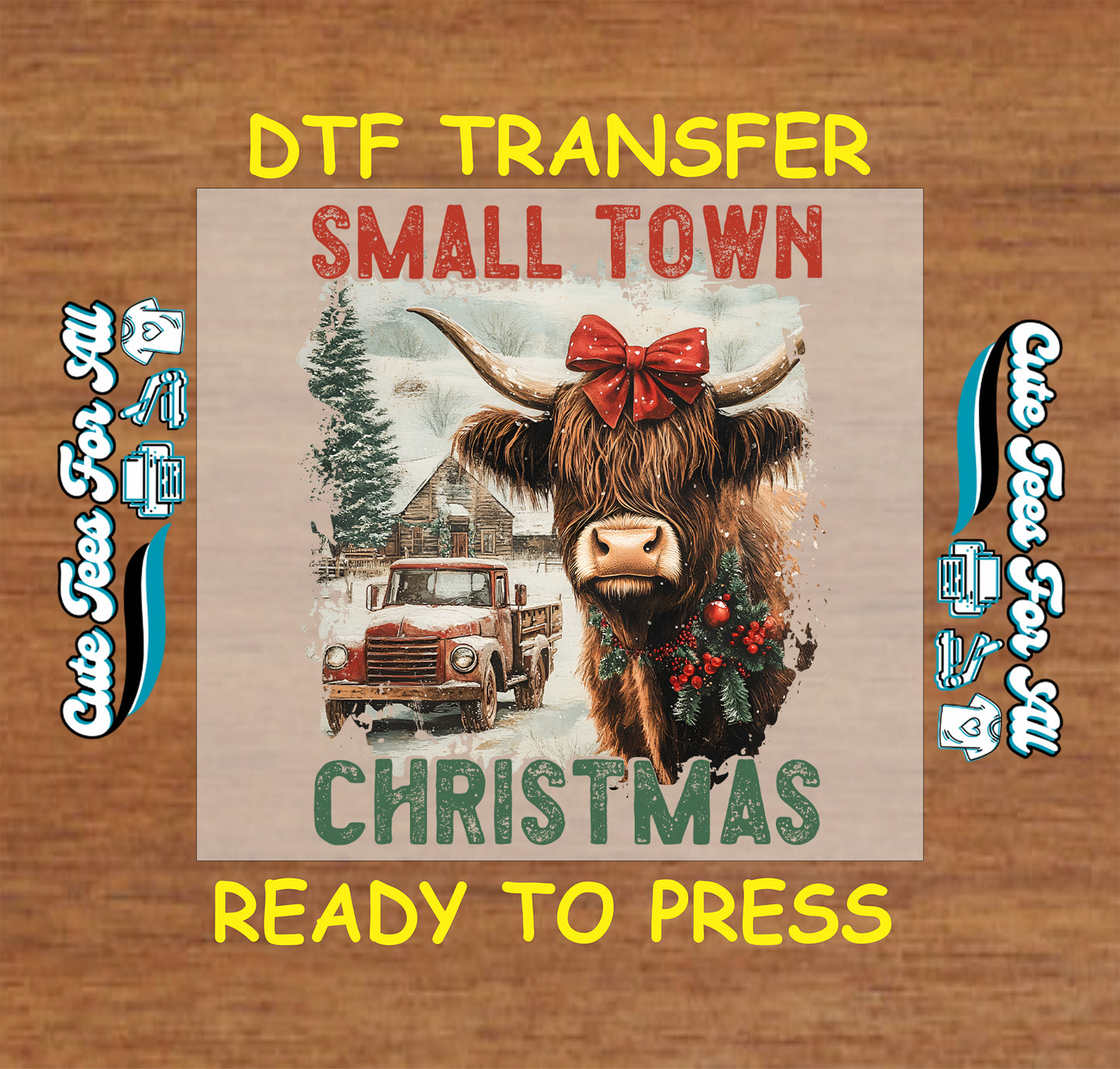 small town christmas highland cow truck rustic winter ready to press dtf transfer iron on heat transfer diy shirts
