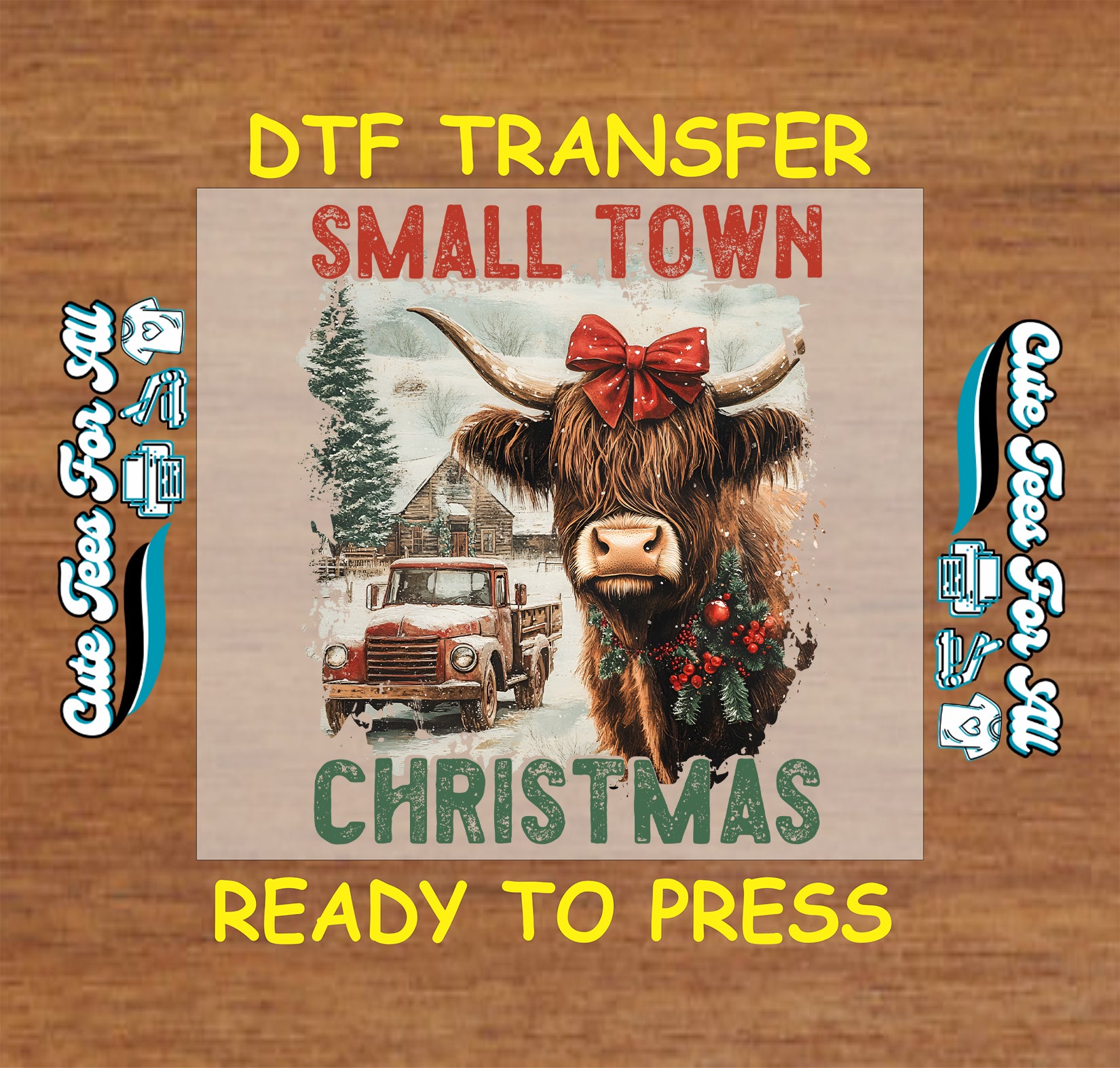 small town christmas highland cow truck rustic winter ready to press dtf transfer iron on heat transfer diy shirts