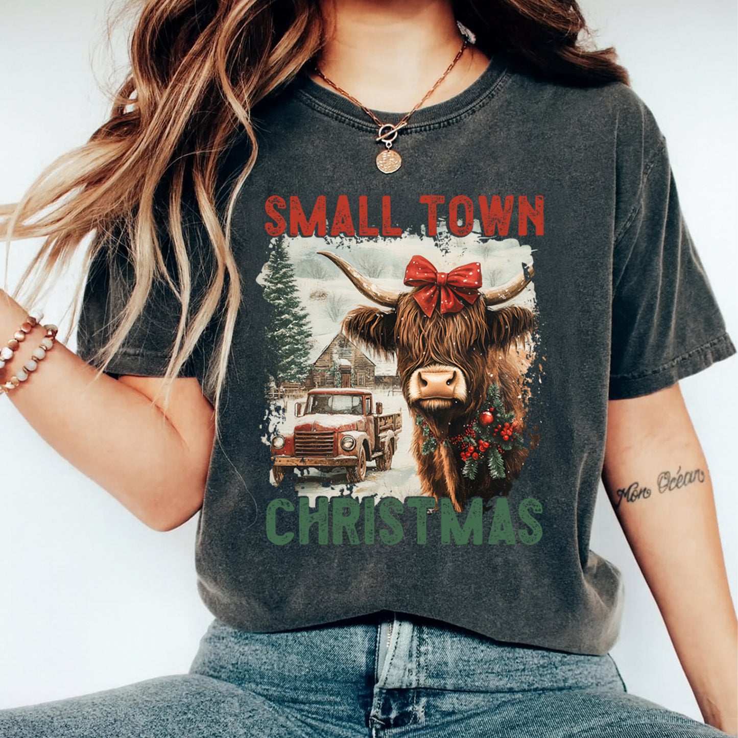 Small Town Christmas Highland Cow DTF Transfer – Ready to Press Iron On Heat Transfer for DIY Shirts 11964