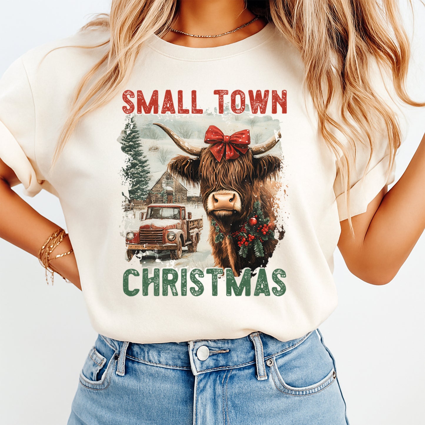 Small Town Christmas Highland Cow DTF Transfer – Ready to Press Iron On Heat Transfer for DIY Shirts 11964