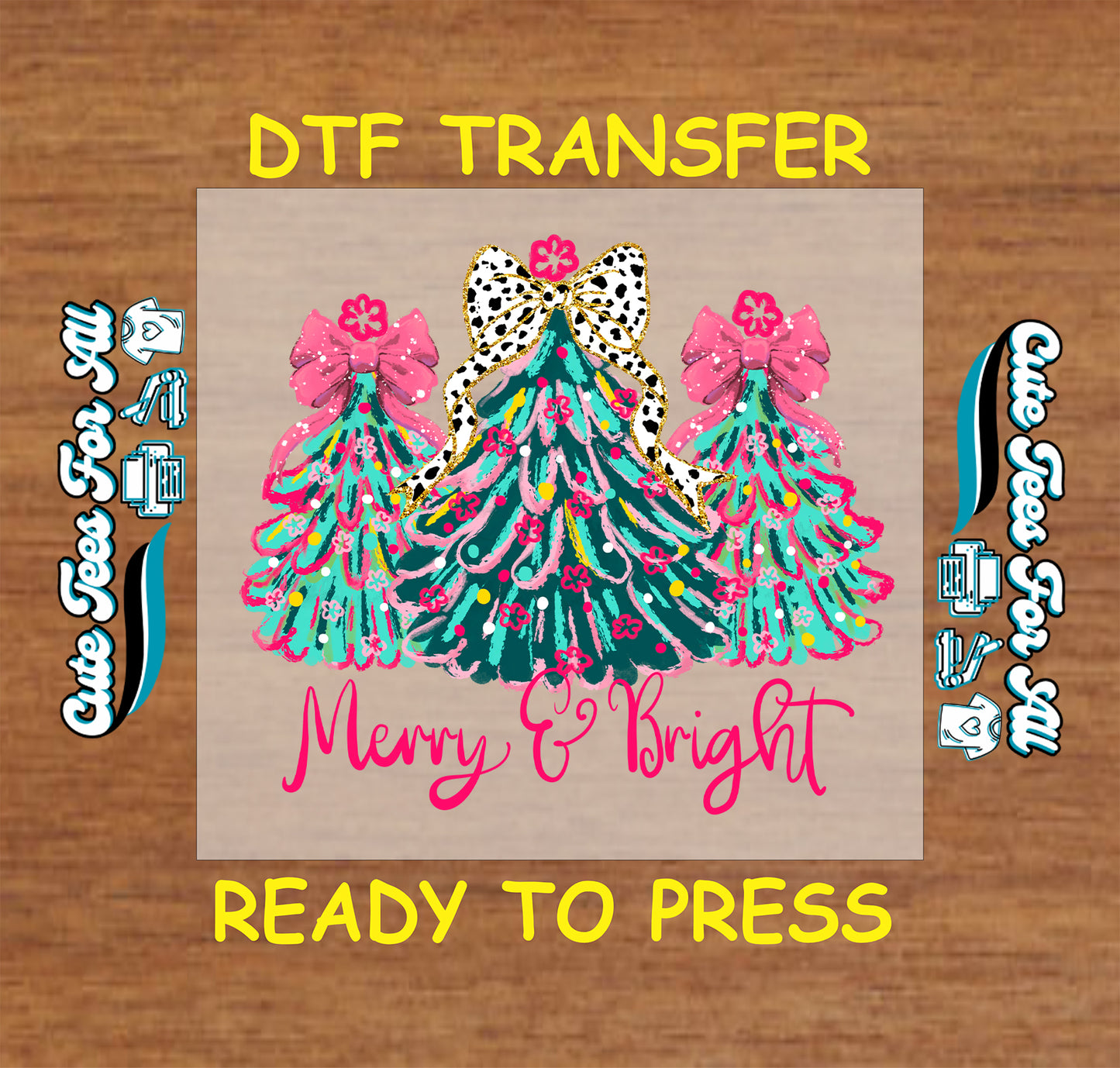 merry and bright colorful christmas trees leopard bow ready to press dtf transfer iron on heat transfer diy shirts