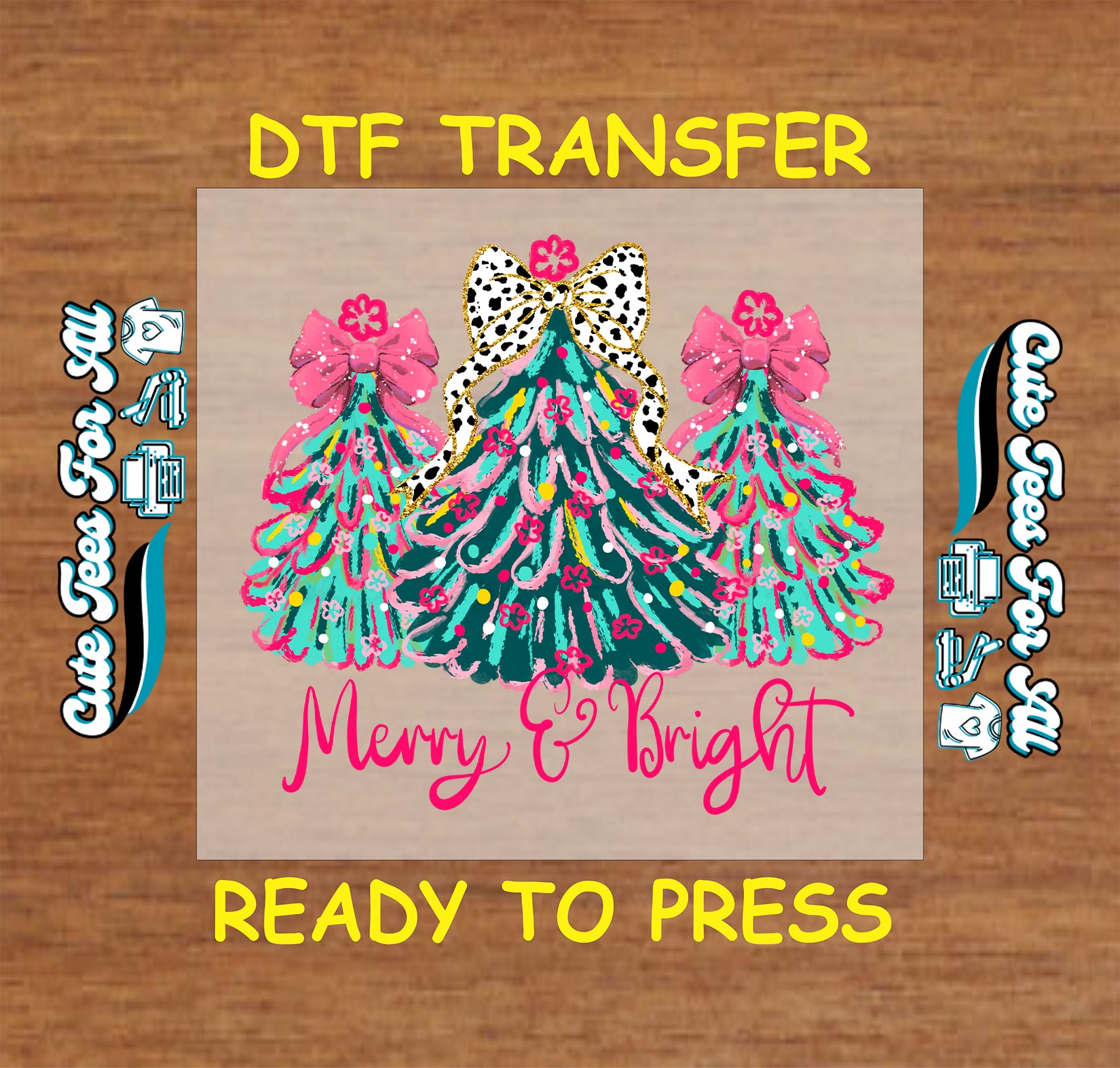 merry and bright colorful christmas trees leopard bow ready to press dtf transfer iron on heat transfer diy shirts