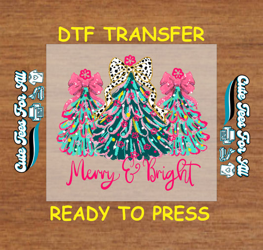 merry and bright colorful christmas trees leopard bow ready to press dtf transfer iron on heat transfer diy shirts
