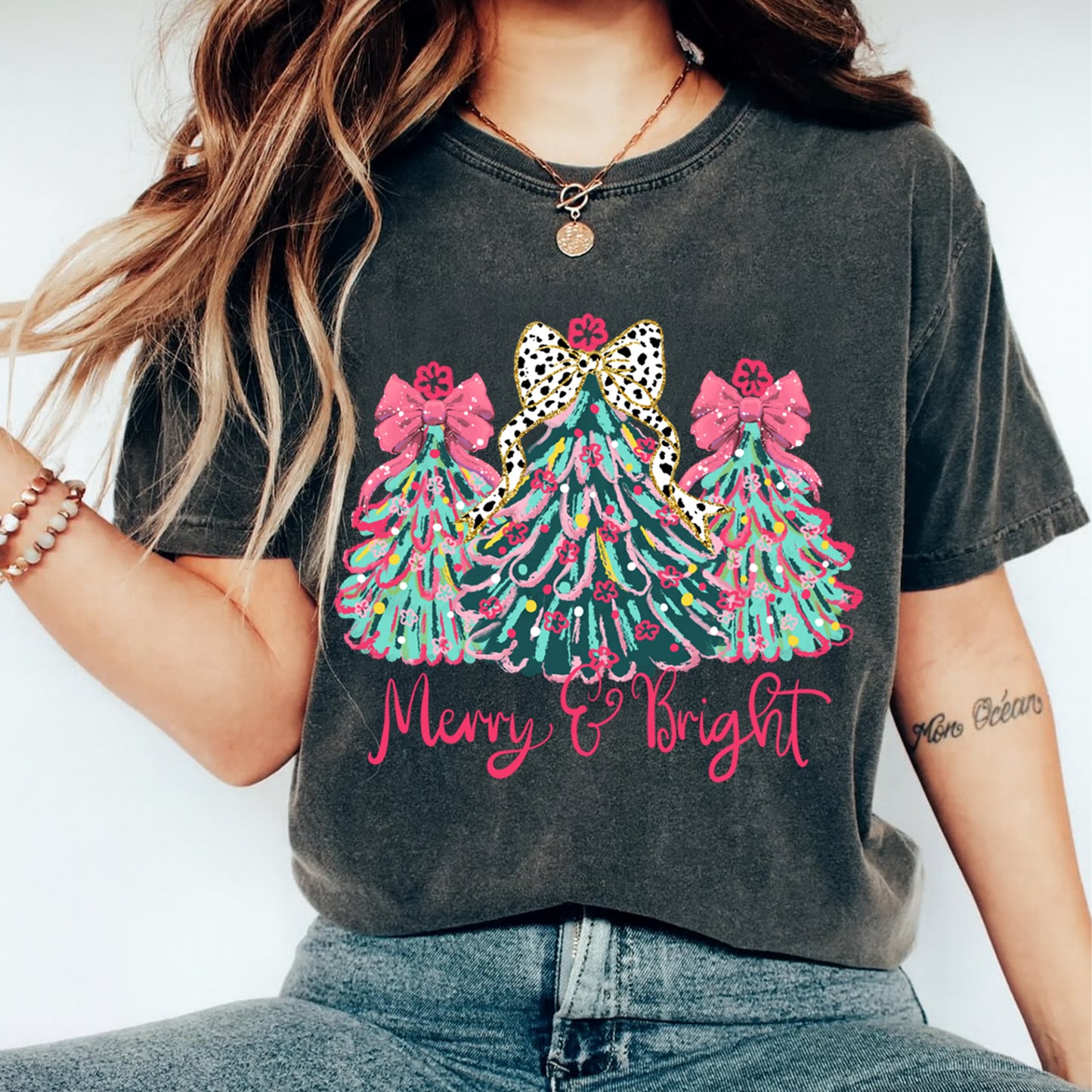 Merry & Bright Christmas Trees DTF Transfer – Ready to Press Iron On Heat Transfer for DIY Shirts 11966