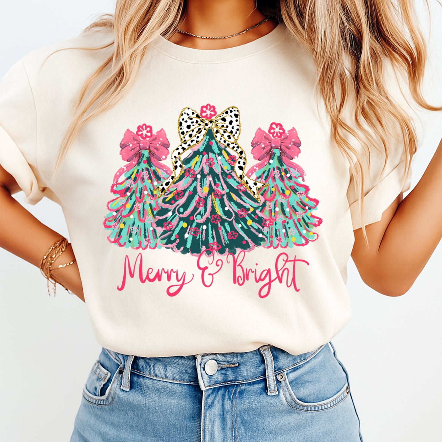 Merry & Bright Christmas Trees DTF Transfer – Ready to Press Iron On Heat Transfer for DIY Shirts 11966