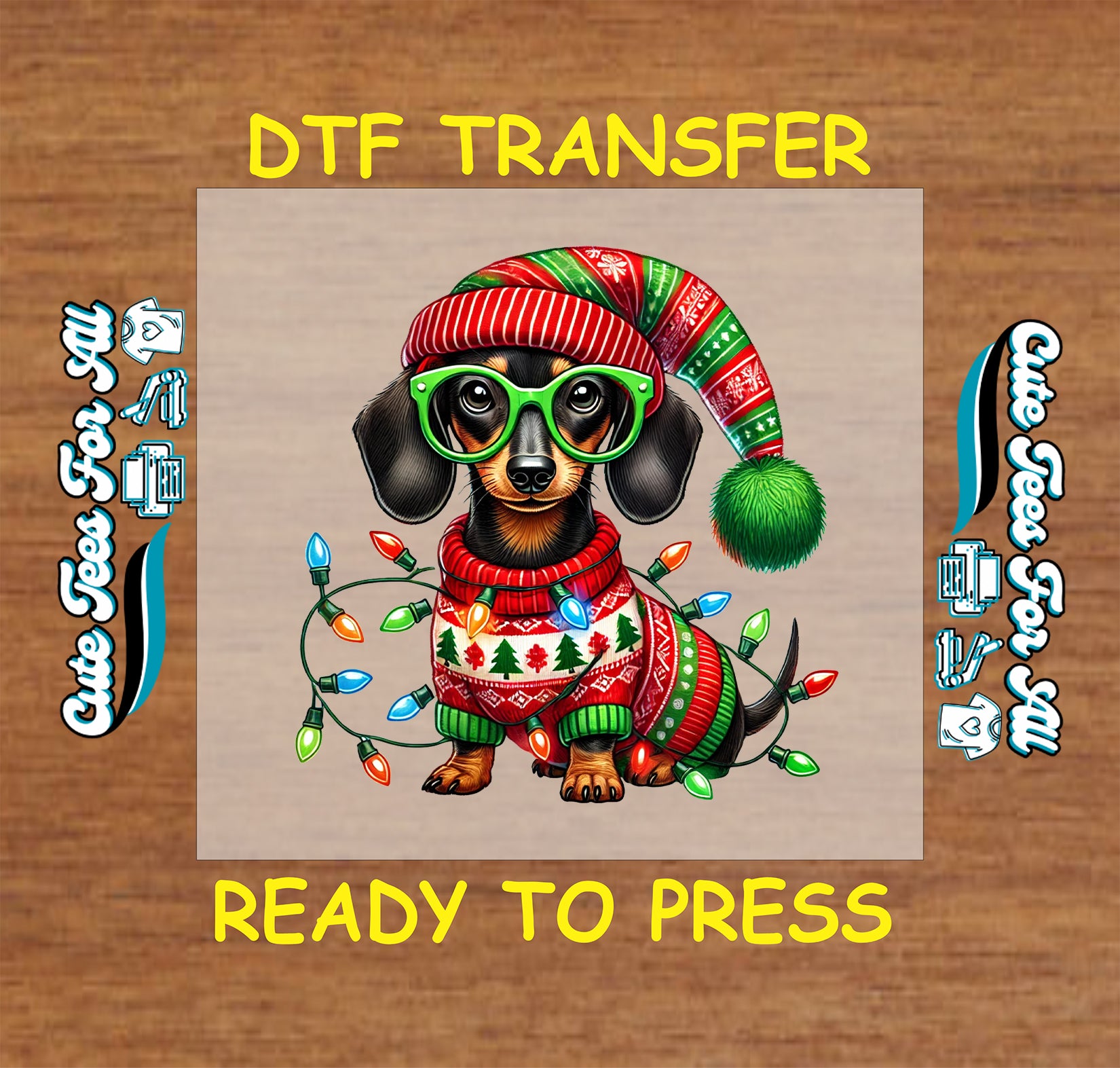 christmas dachshund dog lights sweater festive pup ready to press dtf transfer iron on heat transfer diy shirts
