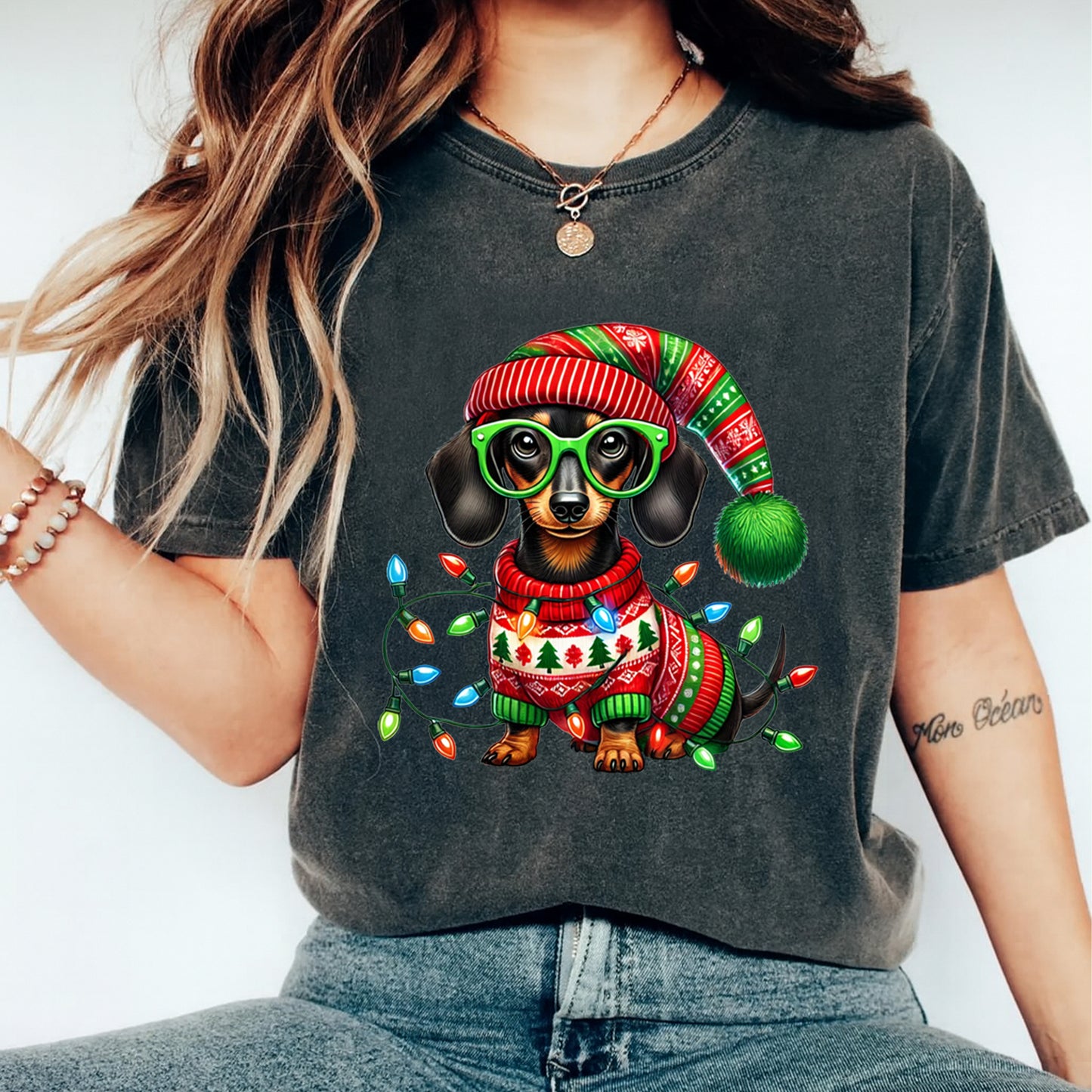 Christmas Dachshund Lights DTF Transfer – Ready to Press Iron On Heat Transfer for DIY Shirts 11968