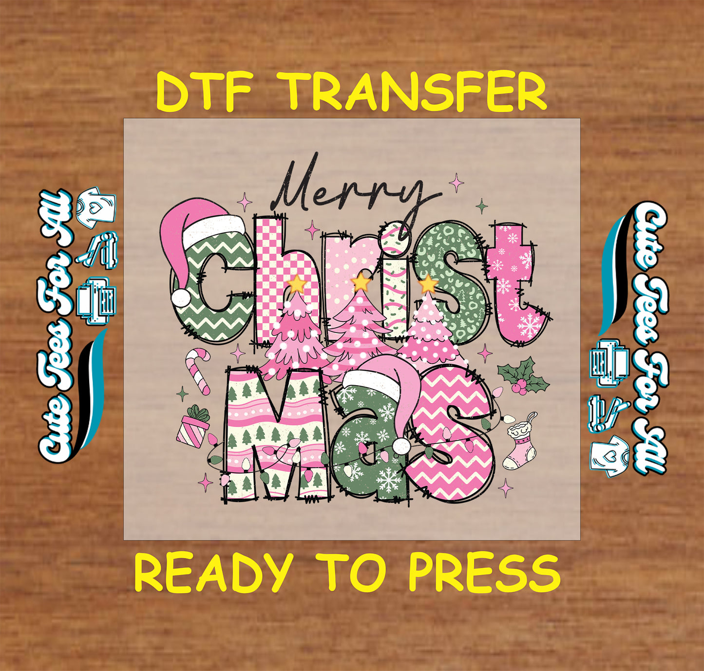 merry christmas patterned letters pink holiday trees ready to press dtf transfer iron on heat transfer diy shirts