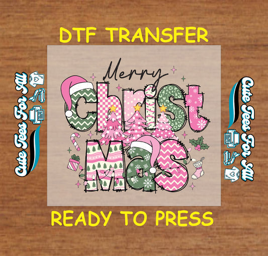 merry christmas patterned letters pink holiday trees ready to press dtf transfer iron on heat transfer diy shirts