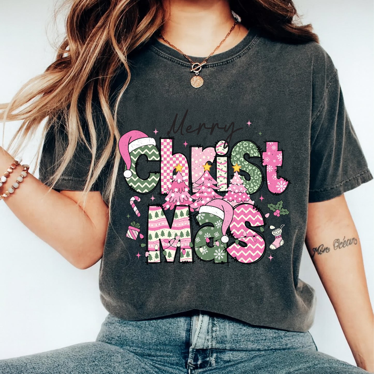 Merry Christmas Pattern Trees DTF Transfer – Ready to Press Iron On Heat Transfer for DIY Shirts 11969