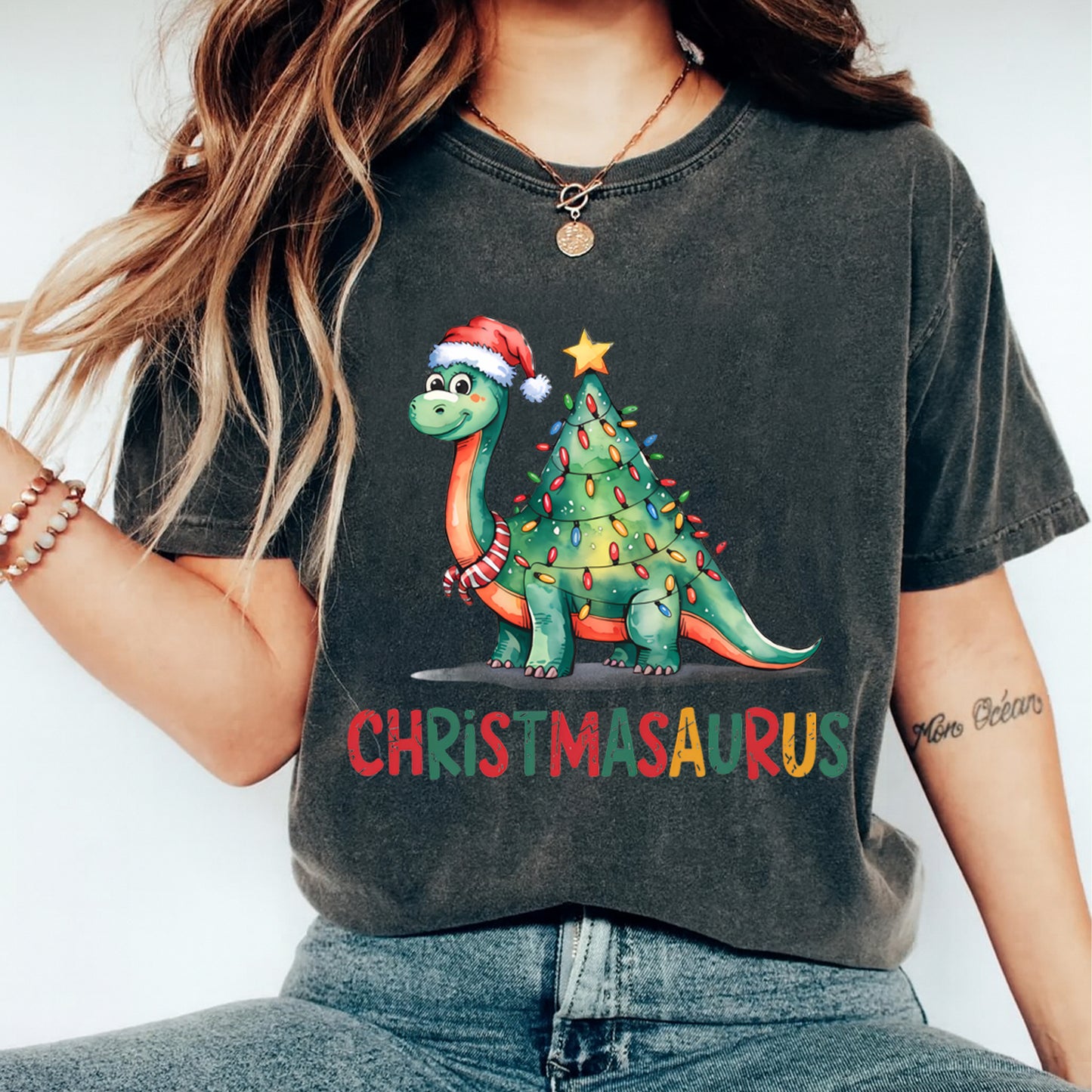 Christmas Dinosaur Lights DTF Transfer – Ready to Press Iron On Heat Transfer for DIY Shirts 11970