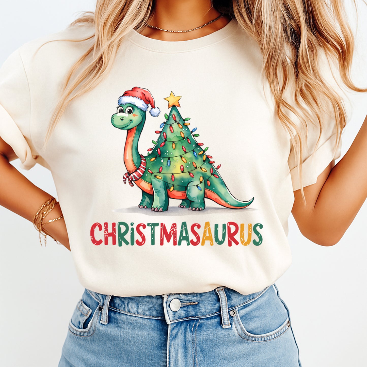 Christmas Dinosaur Lights DTF Transfer – Ready to Press Iron On Heat Transfer for DIY Shirts 11970