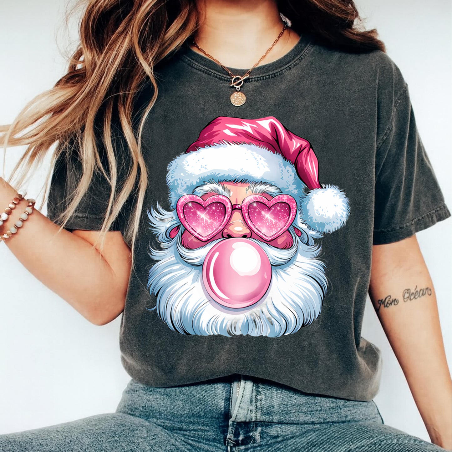 Bubblegum Santa Heart Glasses DTF Transfer – Ready to Press Iron On Heat Transfer for DIY Shirts 11971