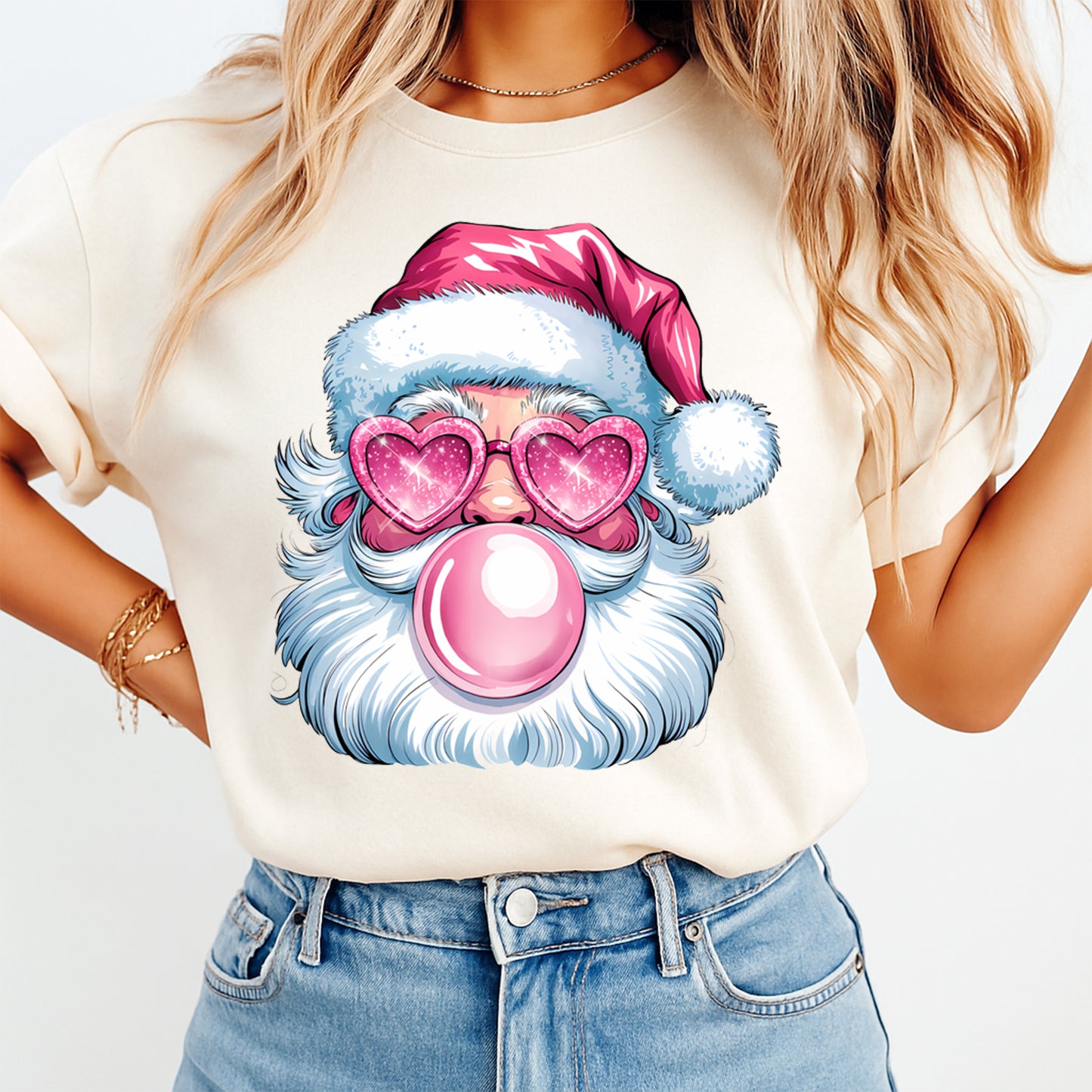 Bubblegum Santa Heart Glasses DTF Transfer – Ready to Press Iron On Heat Transfer for DIY Shirts 11971