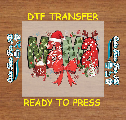 christmas mama bow hot cocoa santa hat reindeer ready to press dtf transfer iron on heat transfer diy shirts