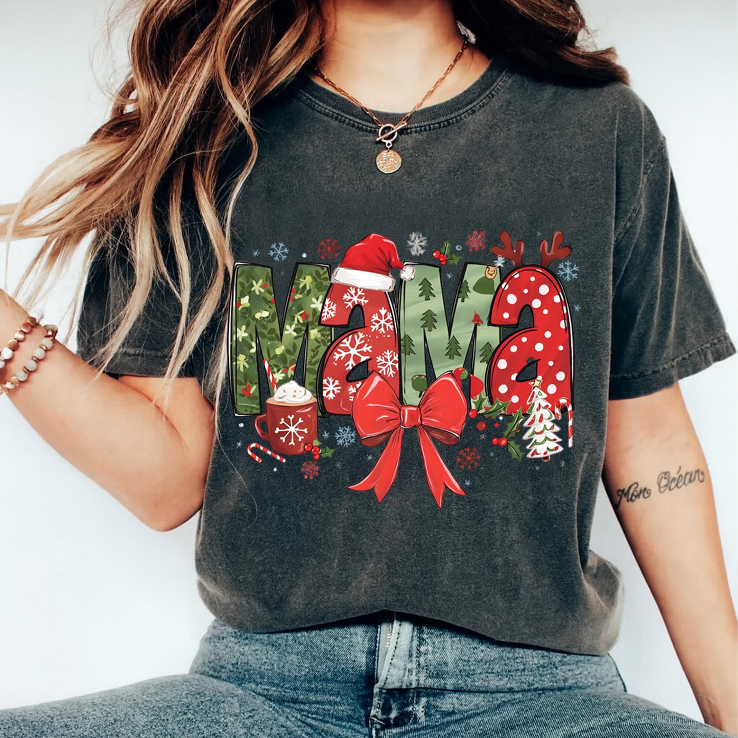 Christmas Mama Bow DTF Transfer – Ready to Press Iron On Heat Transfer for DIY Shirts 11972