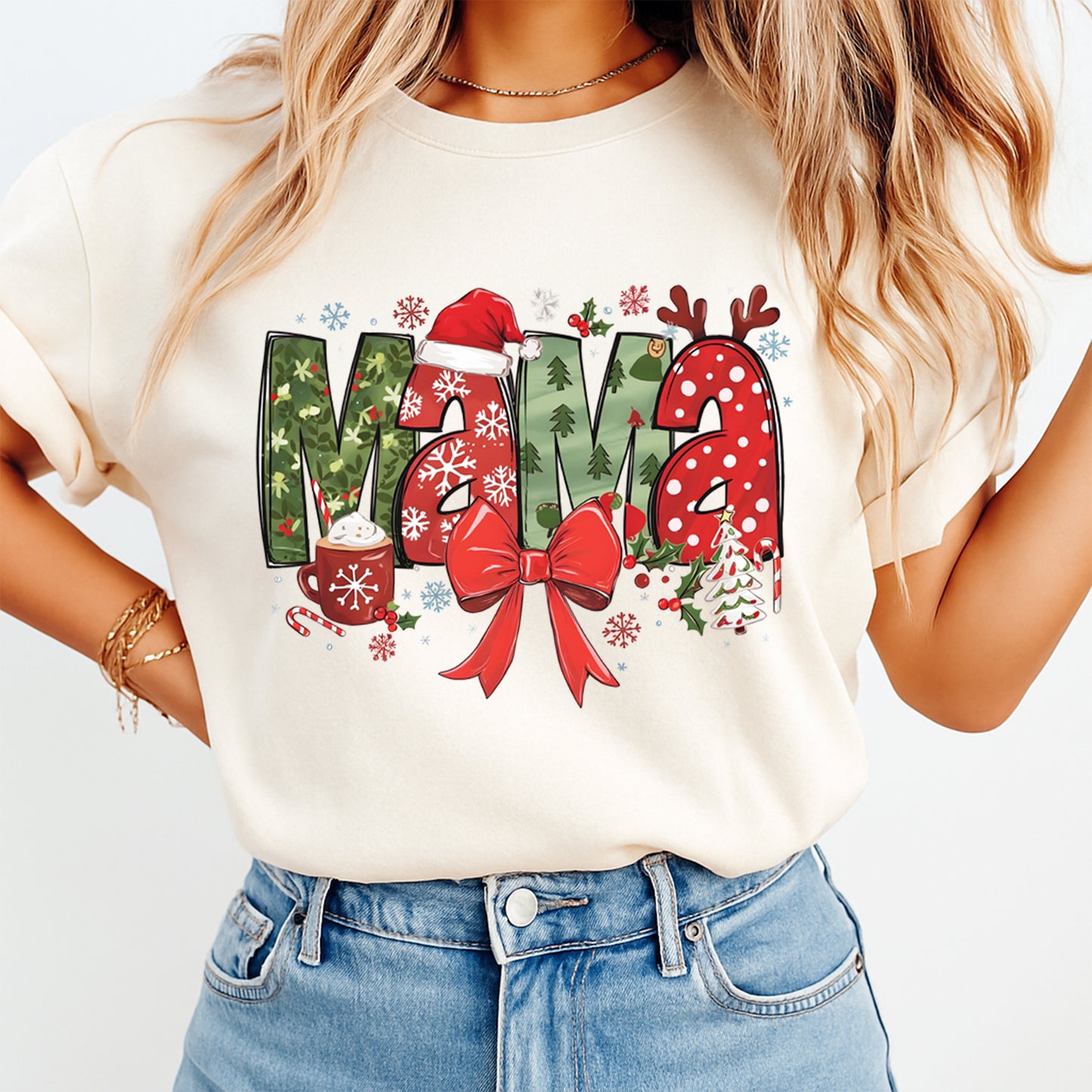 Christmas Mama Bow DTF Transfer – Ready to Press Iron On Heat Transfer for DIY Shirts 11972