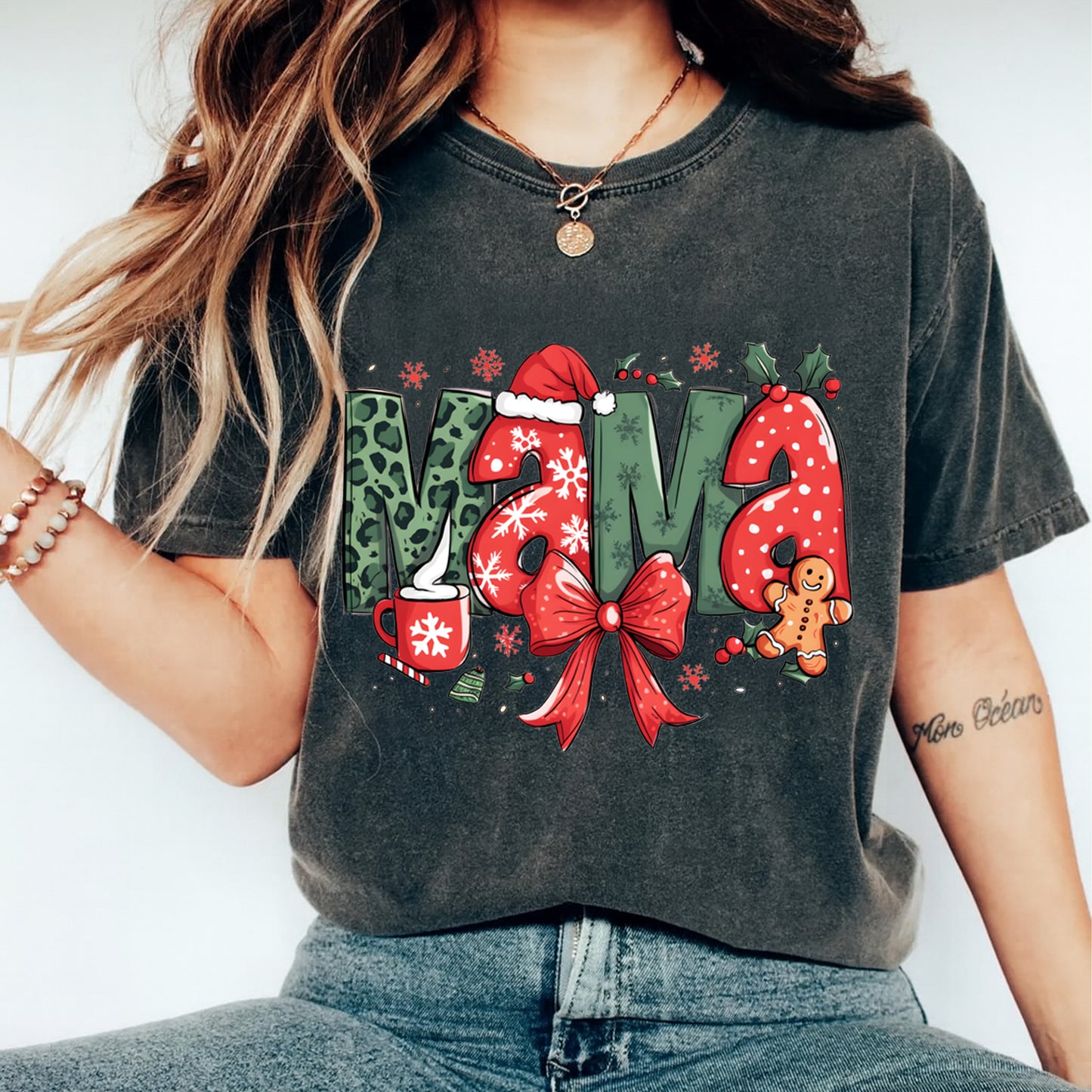 Christmas Mama Leopard Bow DTF Transfer – Ready to Press Iron On Heat Transfer for DIY Shirts 11973