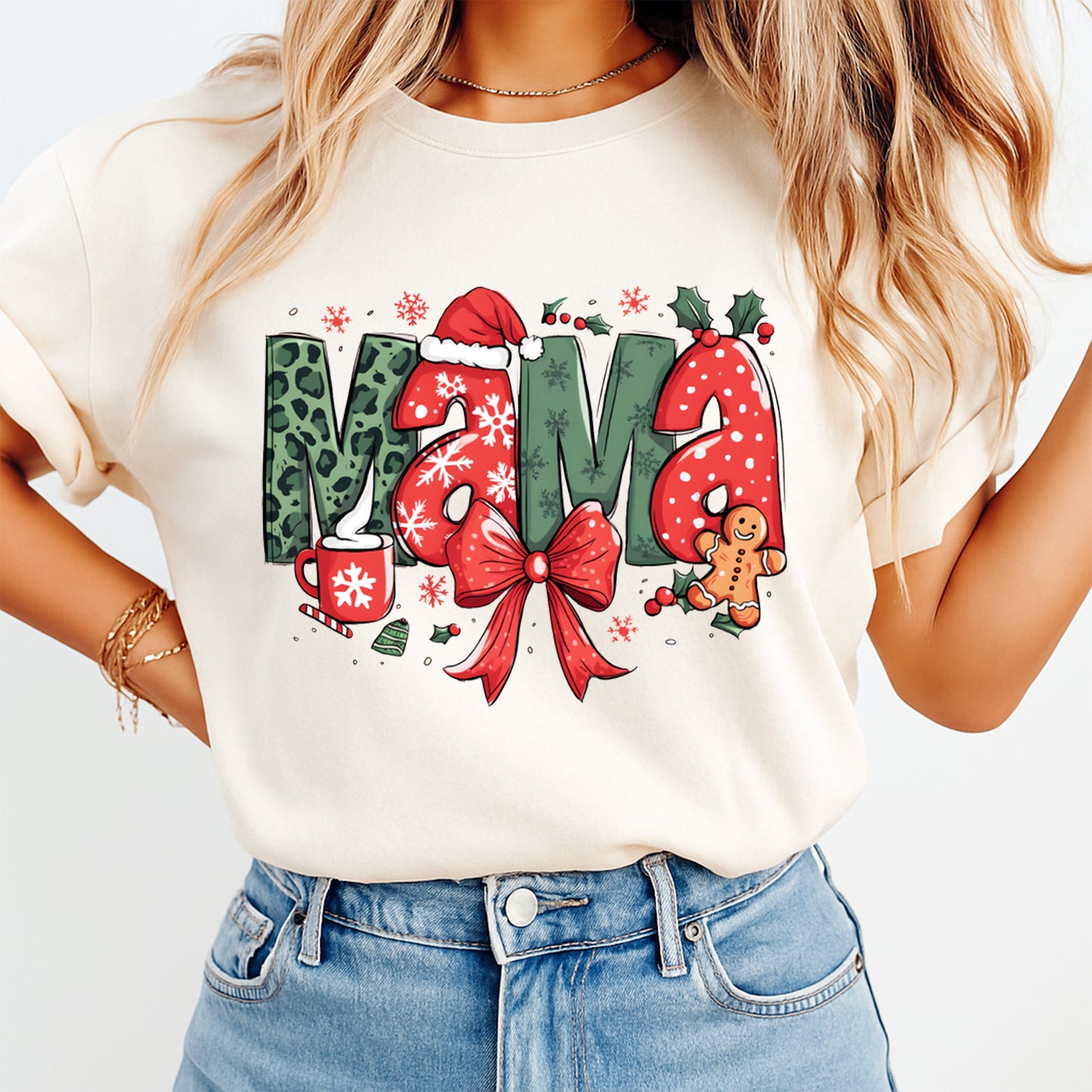 Christmas Mama Leopard Bow DTF Transfer – Ready to Press Iron On Heat Transfer for DIY Shirts 11973