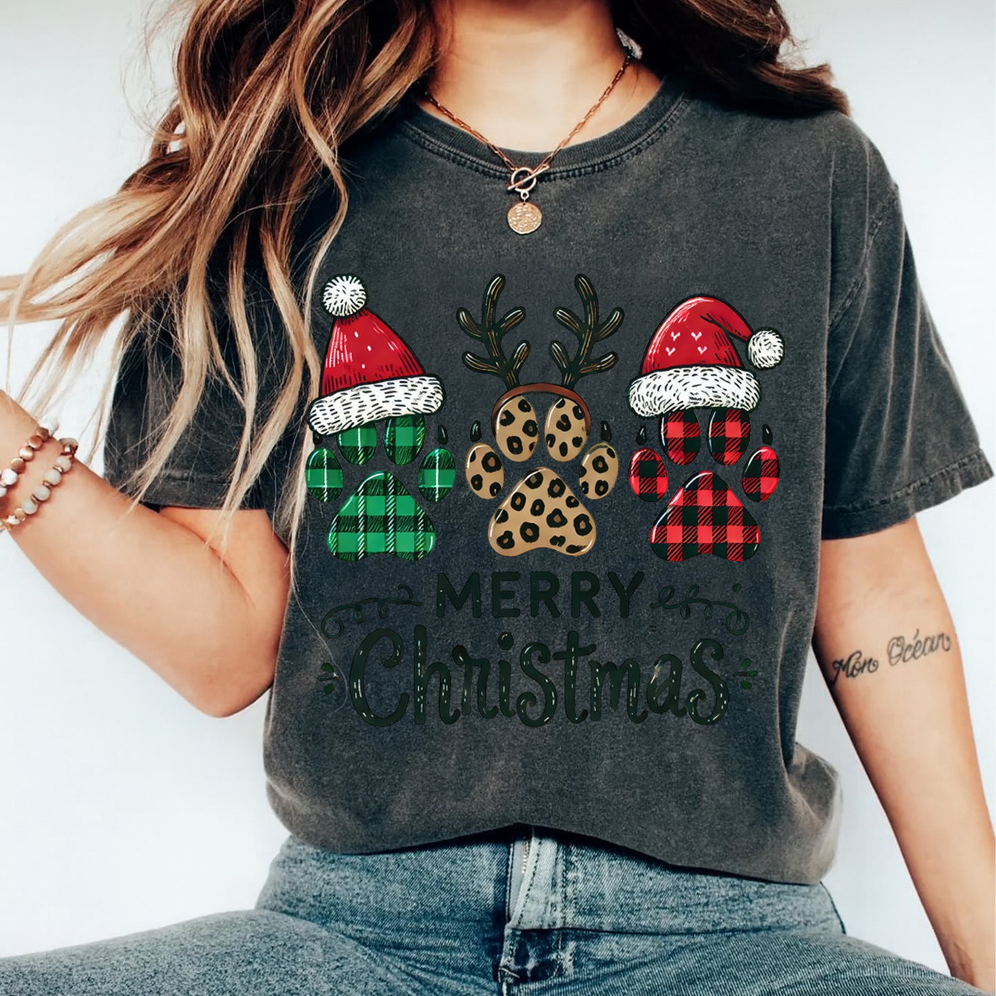 Christmas Paw Prints Plaid & Leopard DTF Transfer – Ready to Press Iron On Heat Transfer for DIY Shirts 11975