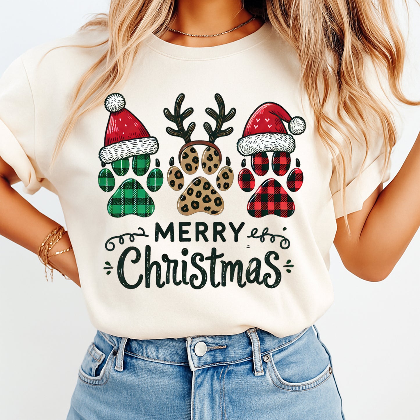 Christmas Paw Prints Plaid & Leopard DTF Transfer – Ready to Press Iron On Heat Transfer for DIY Shirts 11975