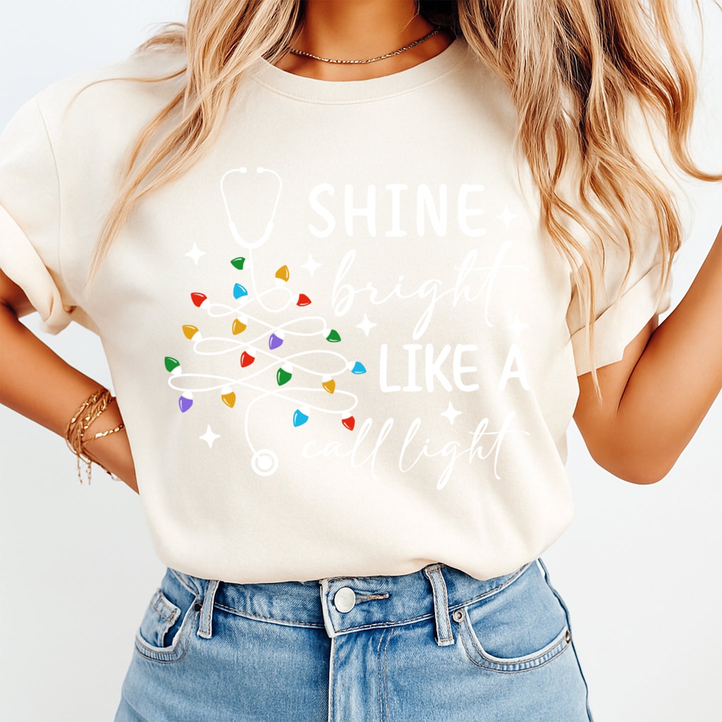 Christmas Nurse Shine Bright Call Light DTF Transfer – Ready to Press Iron On Heat Transfer for DIY Shirts 11976