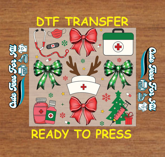 christmas nurse medical icons dtf transfer with bows stethoscope ready to press dtf iron on diy shirts