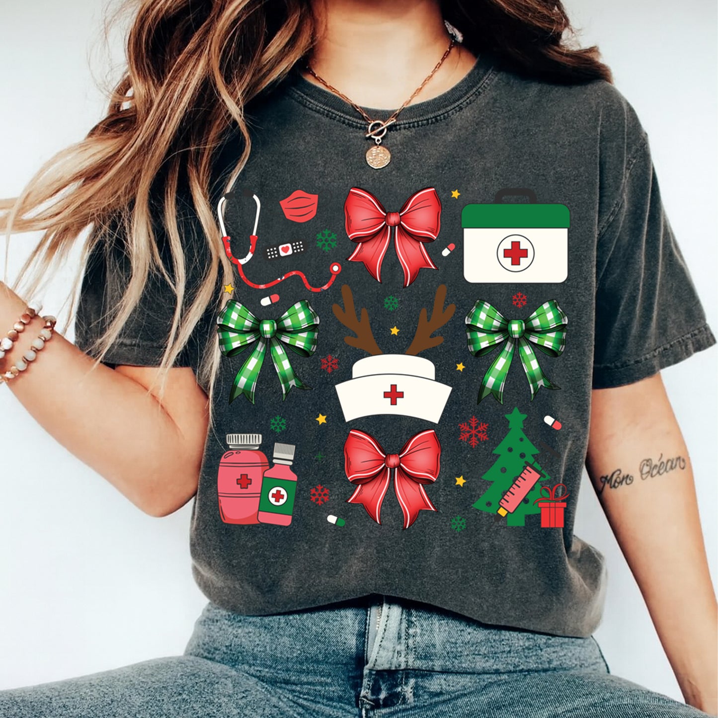 Christmas Nurse Holiday Icons DTF Transfer – Ready to Press Iron On Heat Transfer for DIY Shirts 11978