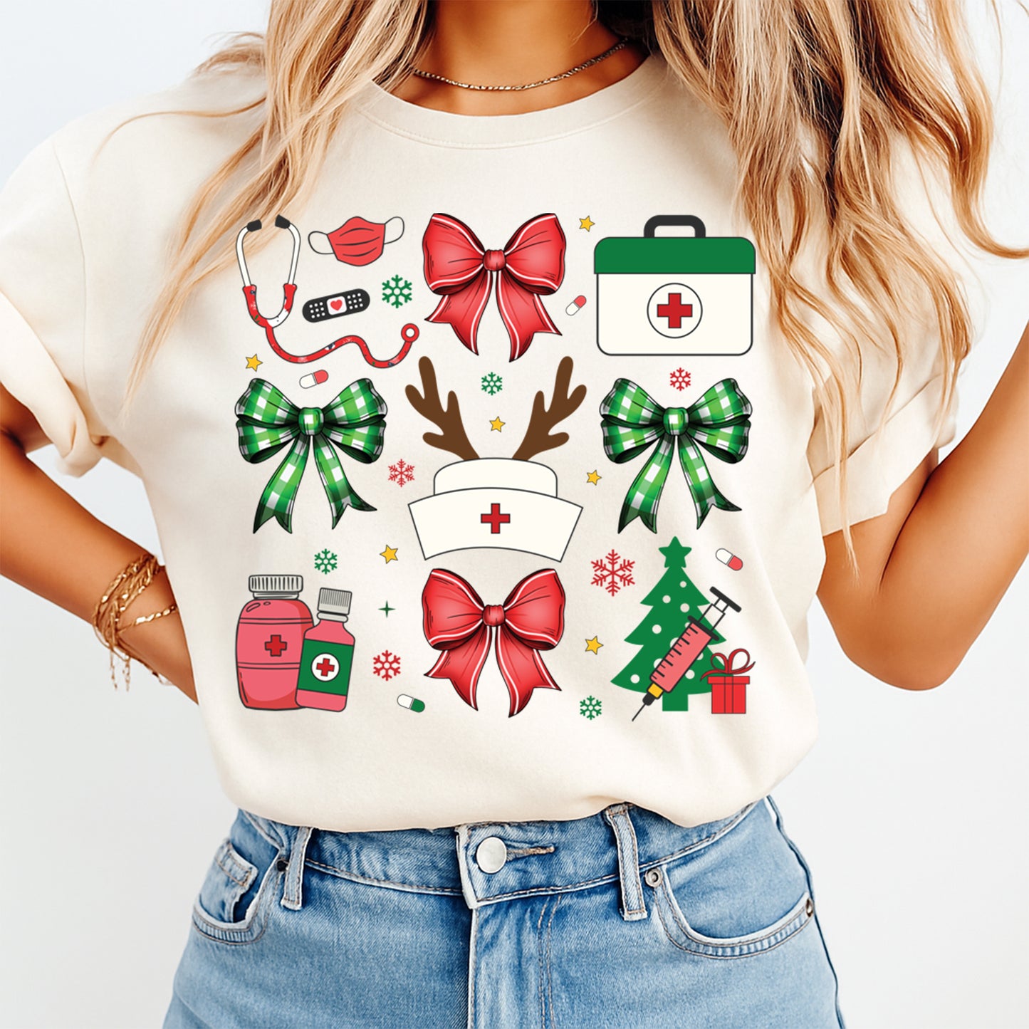 Christmas Nurse Holiday Icons DTF Transfer – Ready to Press Iron On Heat Transfer for DIY Shirts 11978