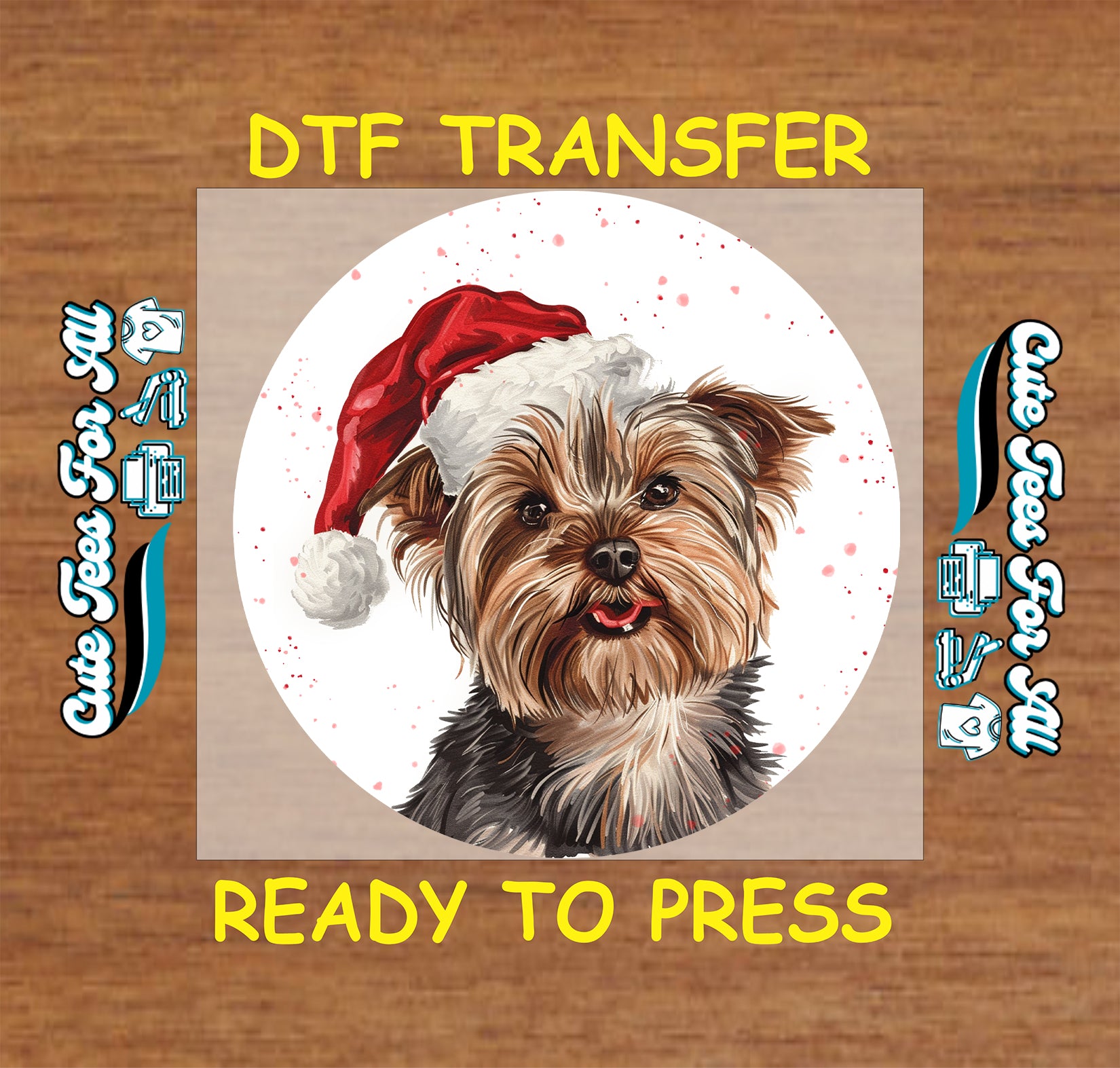 christmas yorkie santa hat snow ready to press dtf iron on heat transfer diy shirts