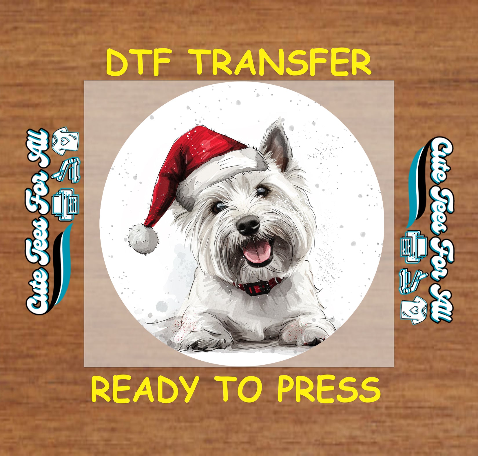 white dog santa hat christmas ready to press dtf iron on heat transfer diy shirts