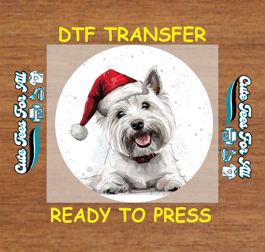 white dog santa hat christmas ready to press dtf iron on heat transfer diy shirts