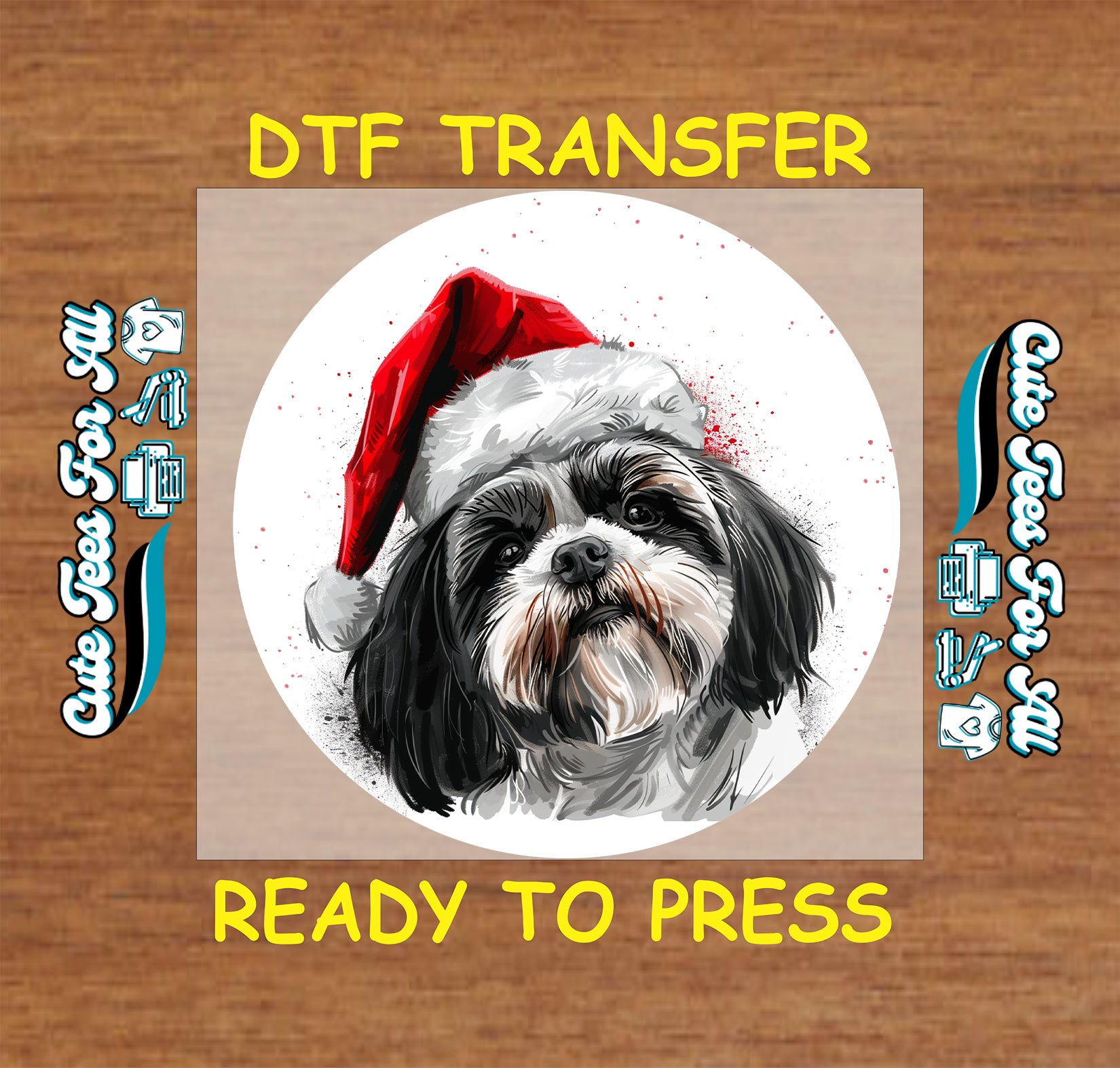 christmas shih tzu santa hat ready to press dtf iron on heat transfer for diy shirts