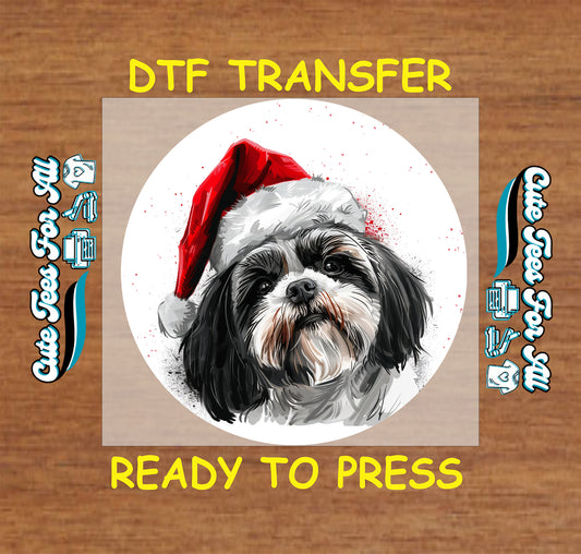 christmas shih tzu santa hat ready to press dtf iron on heat transfer for diy shirts