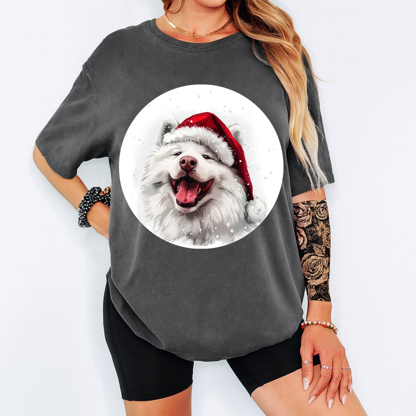 Christmas Samoyed Santa Hat DTF Transfer – Ready to Press Iron On Heat Transfer for DIY Shirts 12000