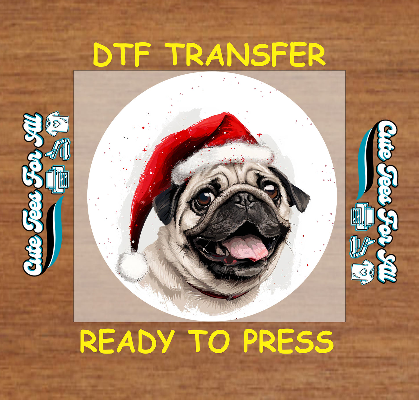 christmas pug santa hat ready to press dtf iron on heat transfer for diy shirts