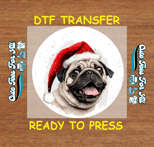 christmas pug santa hat ready to press dtf iron on heat transfer for diy shirts