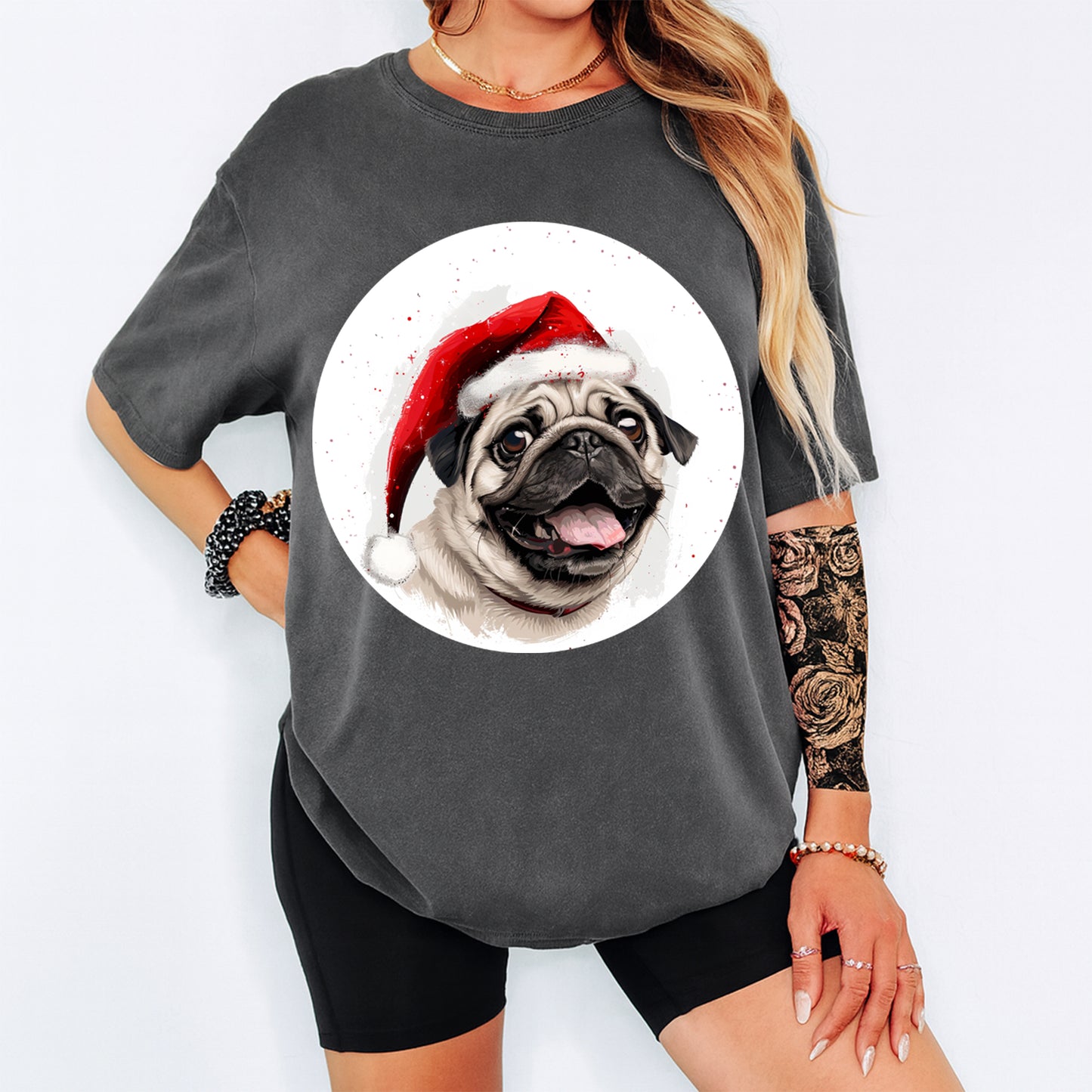 Christmas Pug Santa Hat DTF Transfer – Ready to Press Iron On Heat Transfer for DIY Shirts 12007