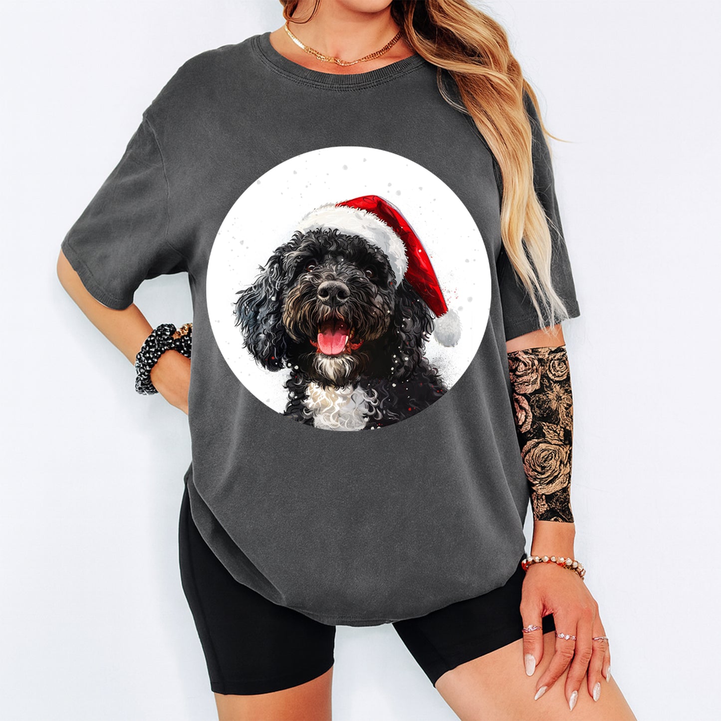 Christmas Doodle Dog Santa Hat DTF Transfer – Ready to Press Iron On Heat Transfer for DIY Shirts 12010