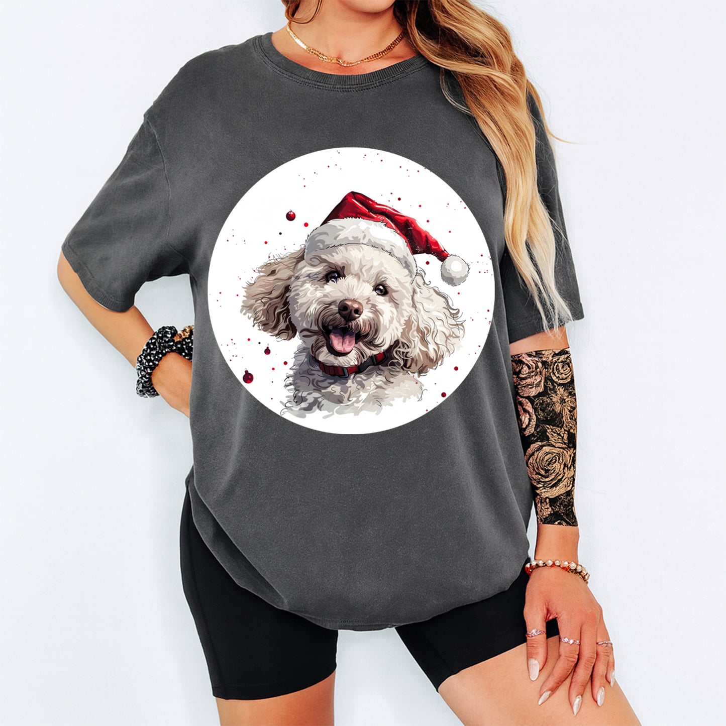 Christmas Curly Dog Santa Hat DTF Transfer – Ready to Press Iron On Heat Transfer for DIY Shirts 12012