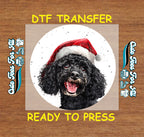 Christmas Black Curly Dog Santa Hat DTF Transfer – Ready to Press Iron On Heat Transfer for DIY Shirts 12014