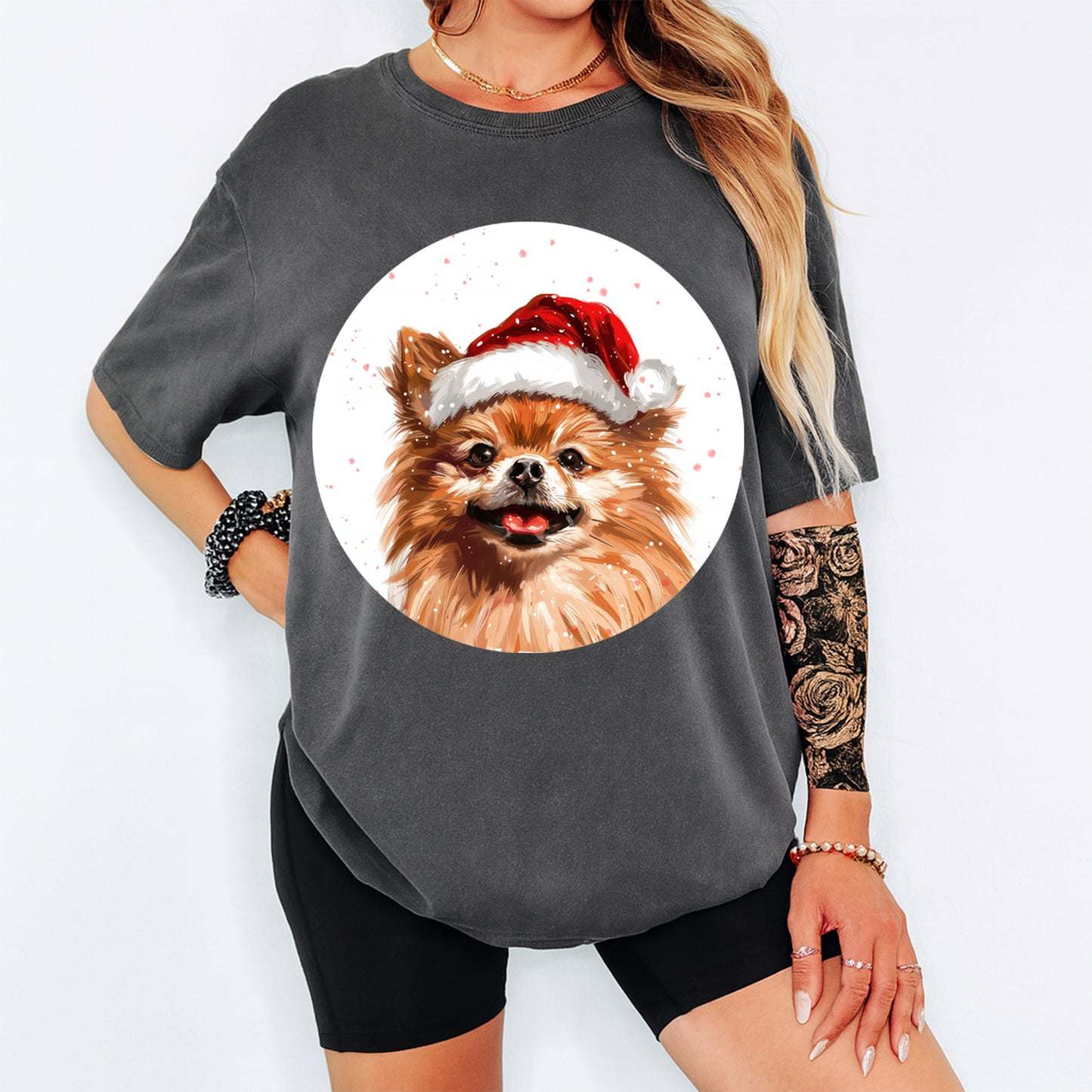 Christmas Pomeranian Santa Hat DTF Transfer – Ready to Press Iron On Heat Transfer for DIY Shirts 12015