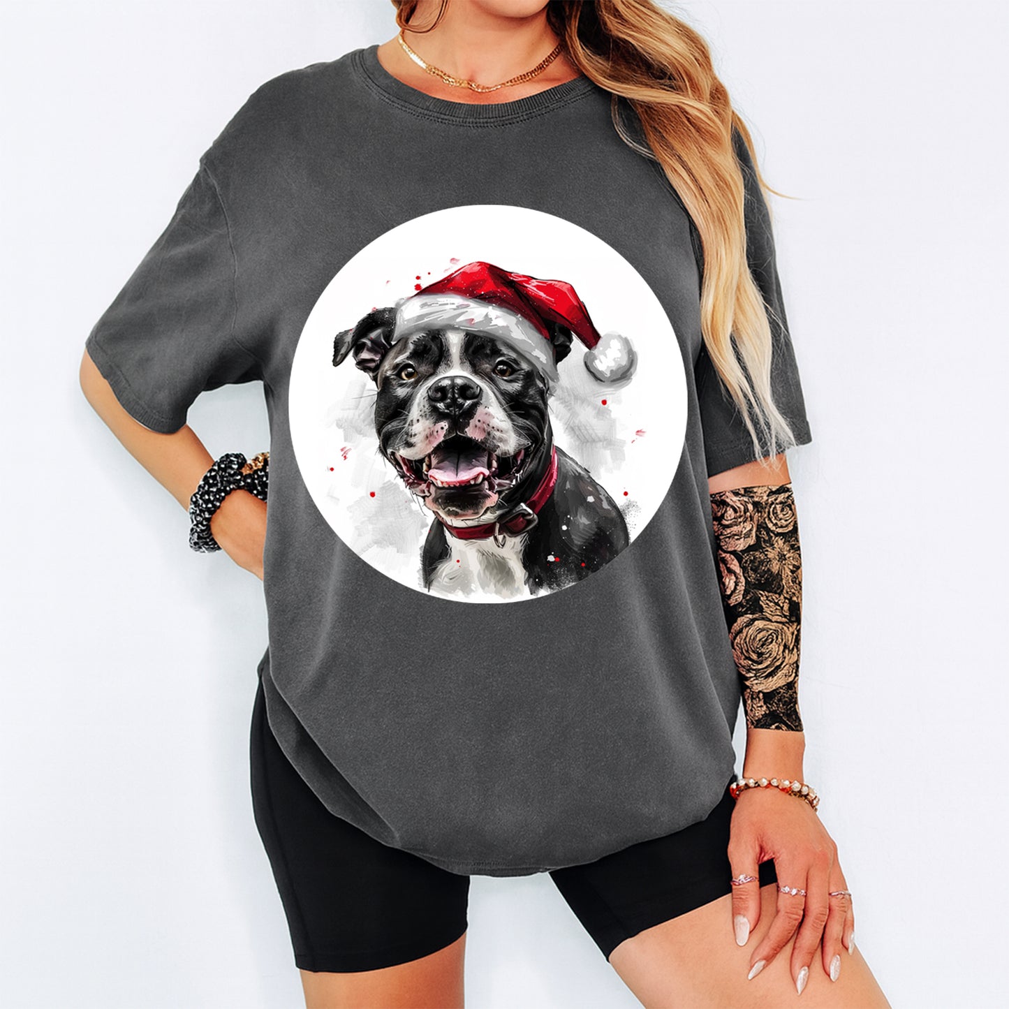 Christmas Bully Dog Santa Hat DTF Transfer – Ready to Press Iron On Heat Transfer for DIY Shirts 12016