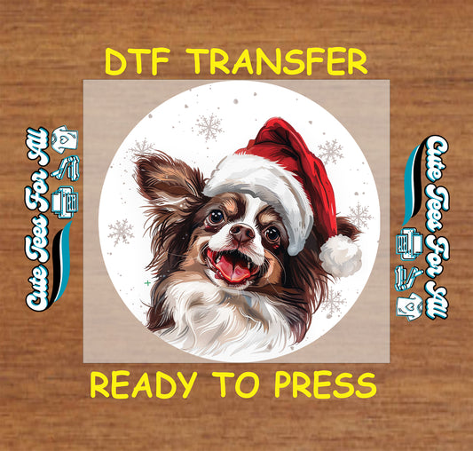 christmas long haired dog santa hat ready to press dtf iron on heat transfer for diy shirts